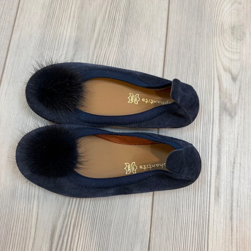 Elephantito Girls Navy Blue Suede Pom Pom Ballet Flats Made in Spain Size 29 12